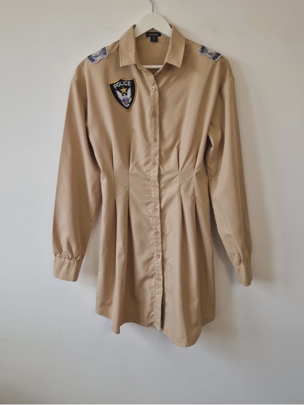 Boohoo Tan Utility Shirt Dress with Police Patch Accents